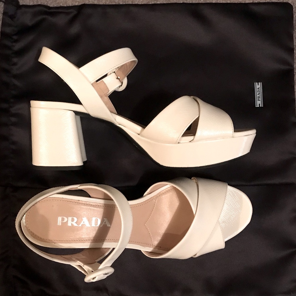 PRADA Patent Leather Platform Ankle-Wrap Sandals
